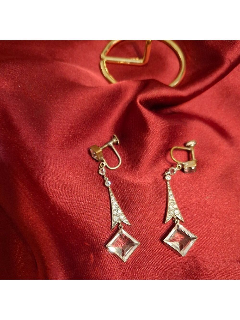 Art Deco Faceted Czech Glass Silver Drop Screwback Earrings Vintage - Picture 4 of 13